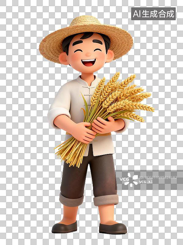 【AI数字艺术】3D风格手绘插画风格秋天丰收的喜悦捧着稻穗的农人形象图片素材