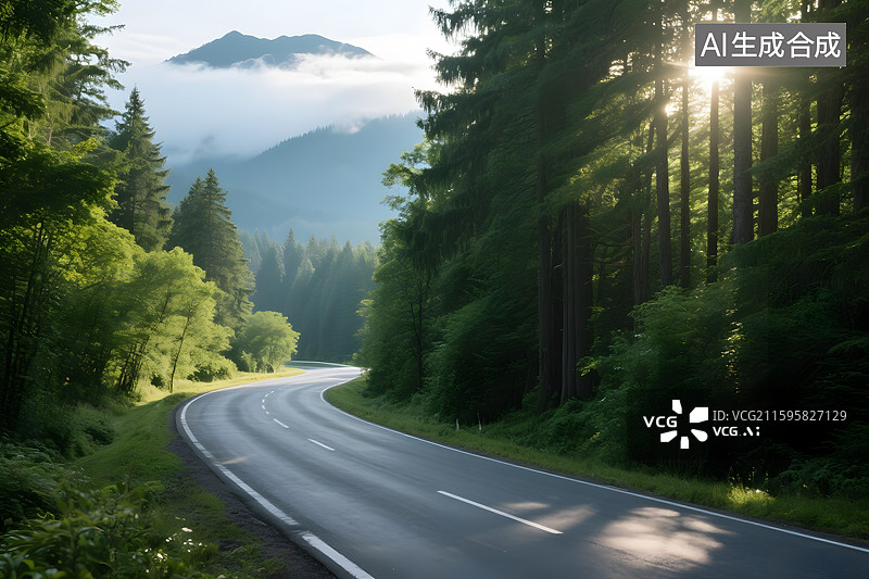 【AI数字艺术】迷雾森林中的蜿蜒公路图片素材