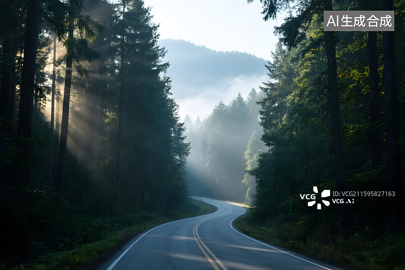 【AI数字艺术】迷雾森林中的蜿蜒公路图片素材
