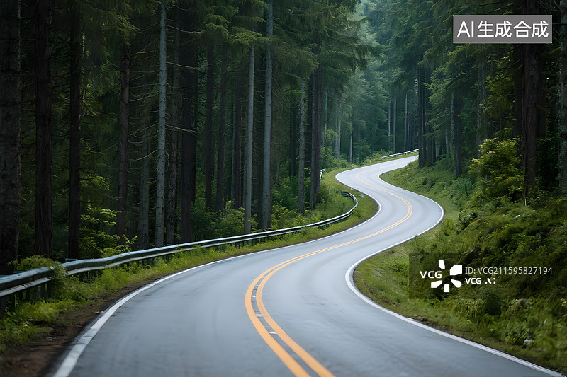 【AI数字艺术】迷雾森林中的蜿蜒公路图片素材