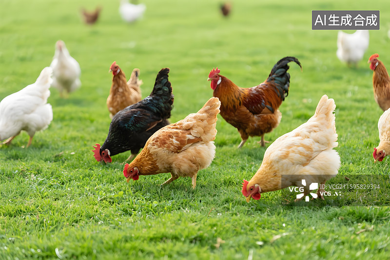【AI数字艺术】散养土鸡群在草地觅食图片素材