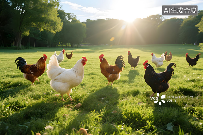 【AI数字艺术】散养土鸡群在草地觅食图片素材