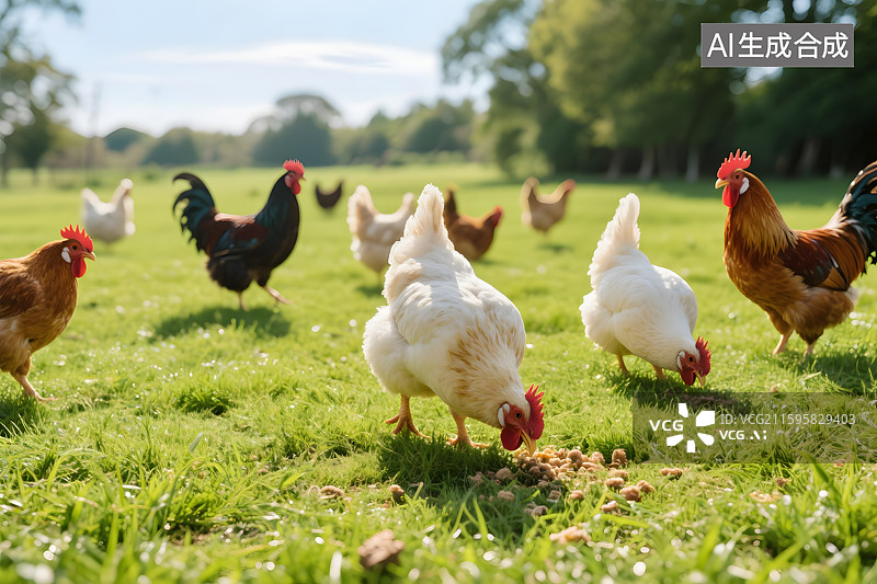 【AI数字艺术】散养土鸡群在草地觅食图片素材