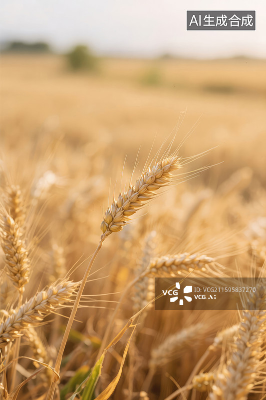 【AI数字艺术】广阔田野中的金黄麦穗特写图片素材
