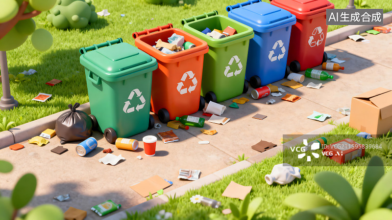 【AI数字艺术】多彩垃圾桶与散落垃圾的环保场景图片素材