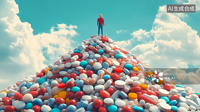【AI数字艺术】商人站在由大量药片药丸堆积组成的山顶图片素材