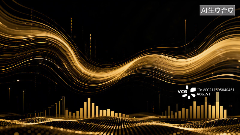 【AI数字艺术】金色动态数据波形与柱状图图片素材