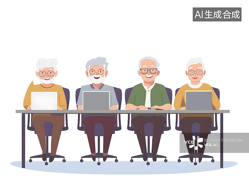 【AI数字艺术】四位长者共用电脑学习场景图片素材
