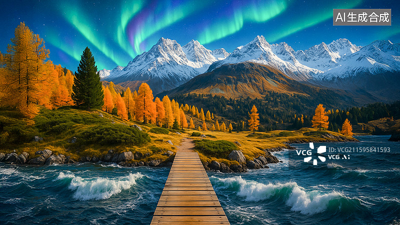 【AI数字艺术】极光下的雪山木桥秋景图片素材