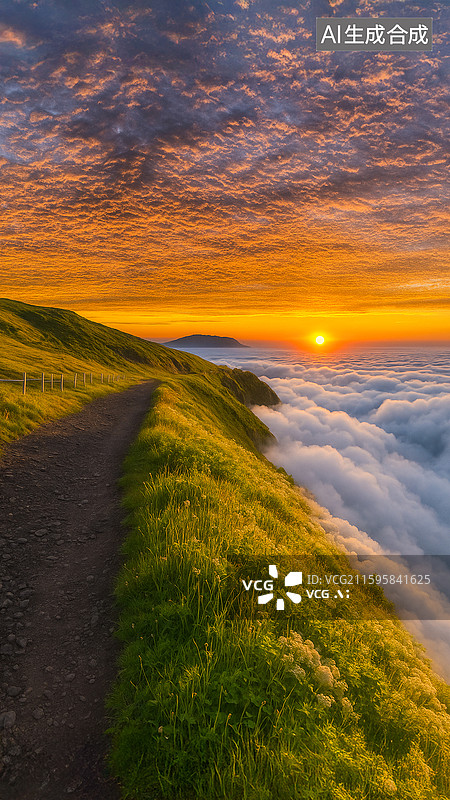【AI数字艺术】山脊小径云海日出壮丽景观图片素材