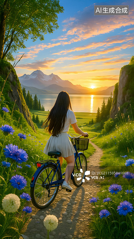 【AI数字艺术】少女骑行山间小径赏日落湖景图片素材