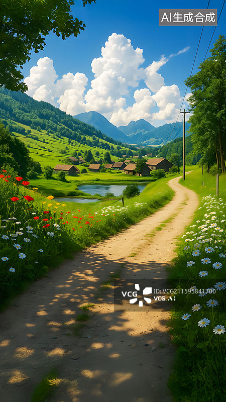 【AI数字艺术】乡间小路通向山谷村庄图片素材