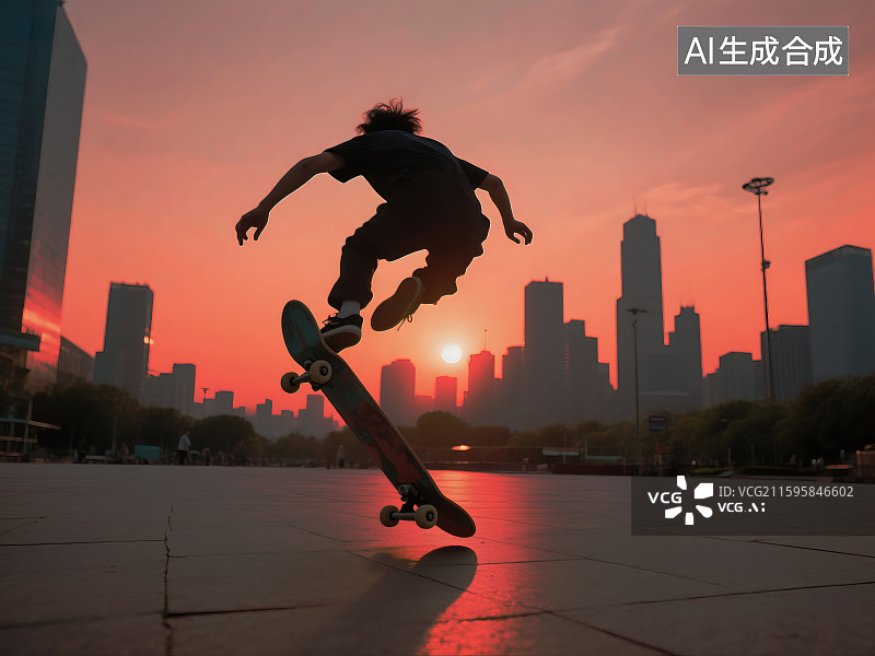 【AI数字艺术】滑板少年做出极限动作 健康运动 青春活力 运动品牌广告素材 体育精神 速度和激情 户外运动 极限运动图片素材