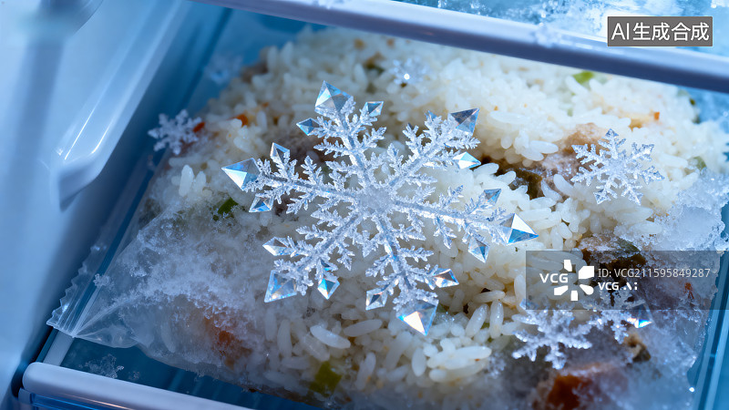 【AI数字艺术】冰箱内冷冻米饭与雪花装饰图片素材