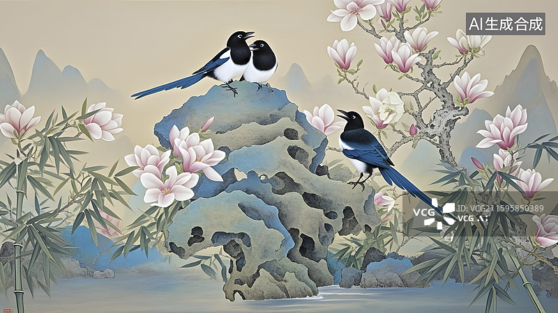 【AI数字艺术】喜鹊玉兰工笔画图片素材