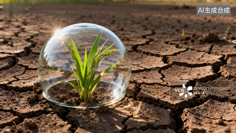 【AI数字艺术】干裂土地上的玻璃罩植物图片素材