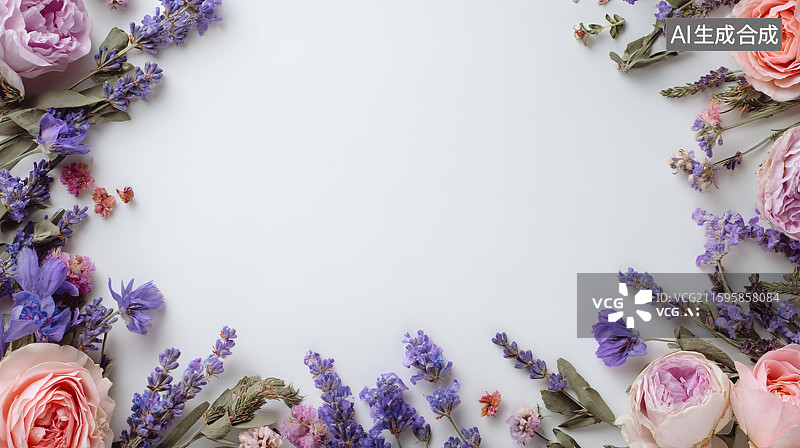 【AI数字艺术】白色纸板上平铺的鲜花浪漫装饰艺术背景图片素材
