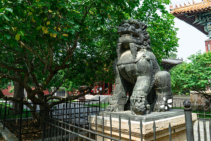 中国山东泰安著名景点泰山旅行旅游目的地风景区，岱庙行宫青铜铸铁狮子雕塑，户外白昼无人图像摄影图片素材