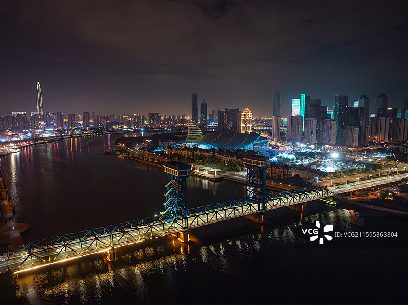 天津滨海新区夜景 海昌极地海洋公园 海门大桥 已降噪图片素材