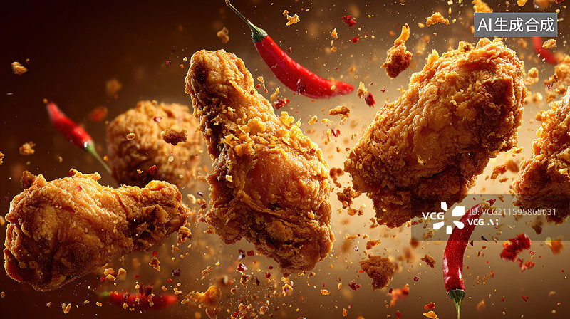 【AI数字艺术】炸鸡翅与辣椒飞溅瞬间图片素材