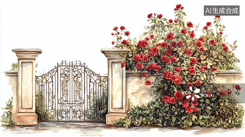 【AI数字艺术】铁艺大门旁的玫瑰花丛图片素材