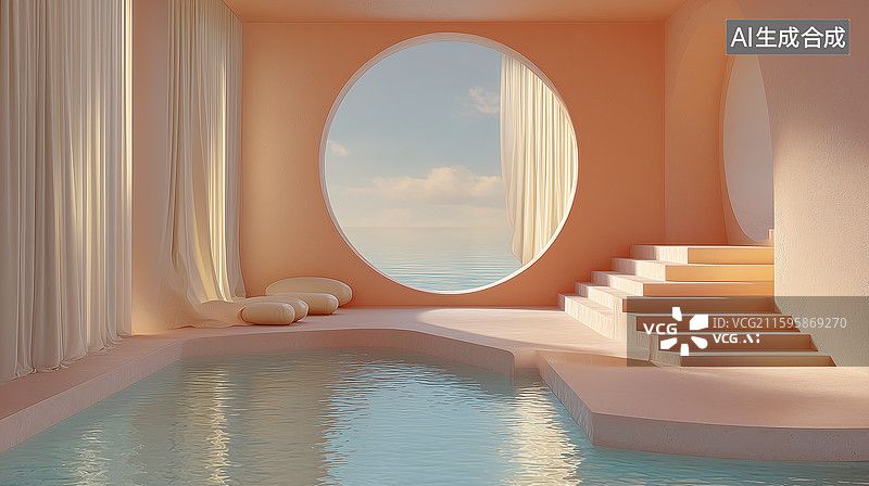 【AI数字艺术】极简粉色圆形窗水池图片素材