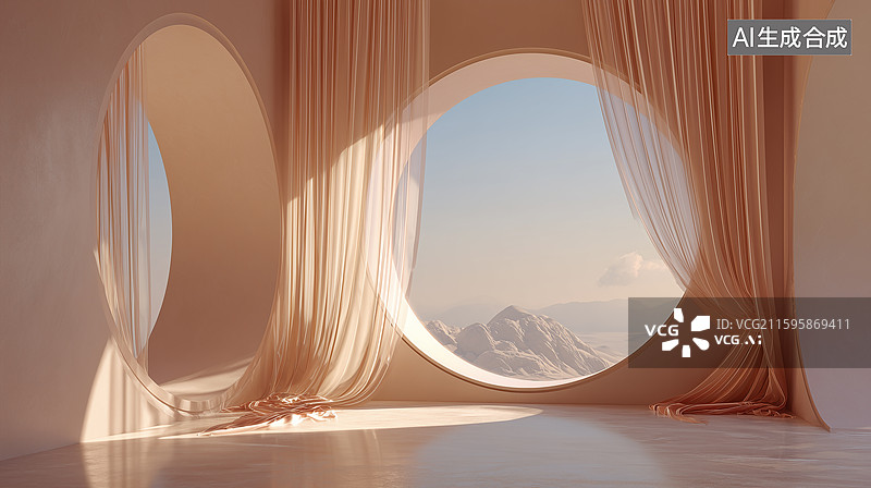 【AI数字艺术】桃米极简空间圆窗景观图片素材