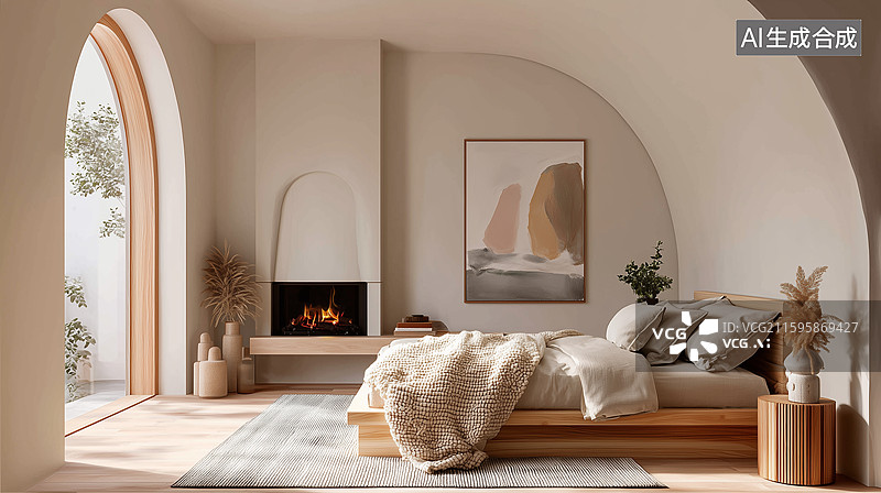 【AI数字艺术】温暖弧形光板卧室图片素材