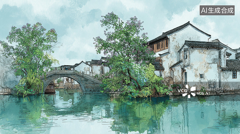 【AI数字艺术】江南水乡古桥民居图片素材