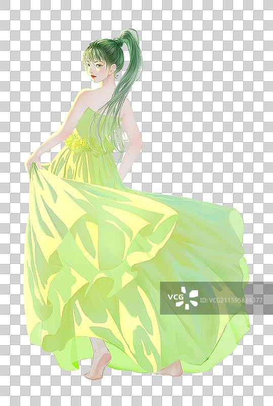绿色长裙婚纱高马尾少女人光脚跳舞回头图片素材