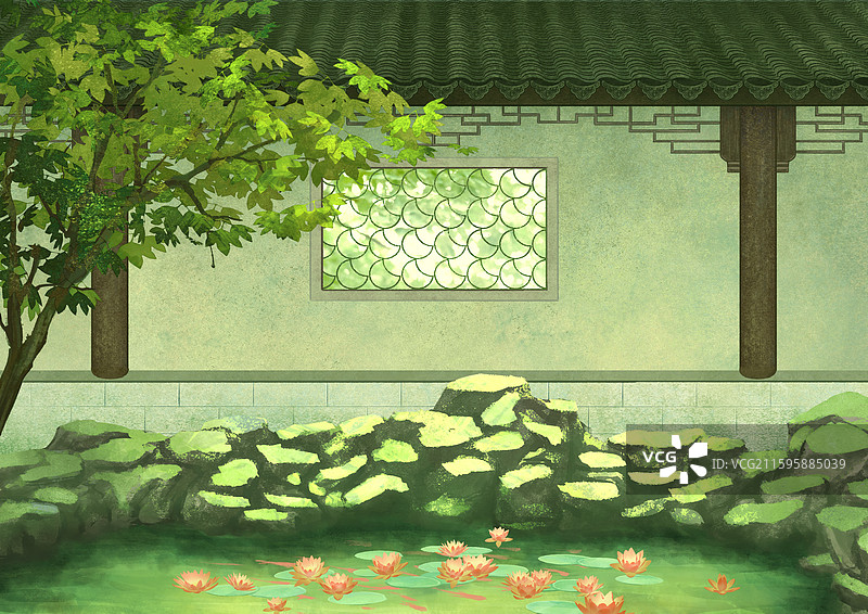 古风庭院荷花池塘绿树中式古建筑场景插画图片素材