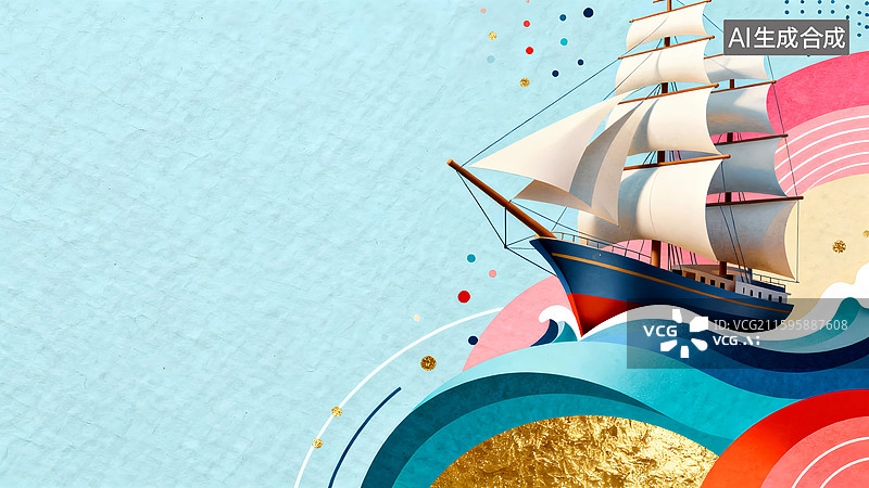 【AI数字艺术】蓝色背景上流线海浪中一搜充满希望的帆船驶向未来，庆祝新年春节马年活动海报背景展板图片素材