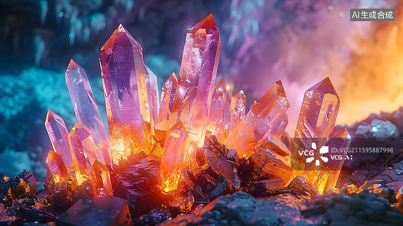 【AI数字艺术】发光水晶簇 奇幻光影 彩色水晶 璀璨矿晶   晶莹剔透的水晶簇  唯美水晶发光背景  晶体图片素材