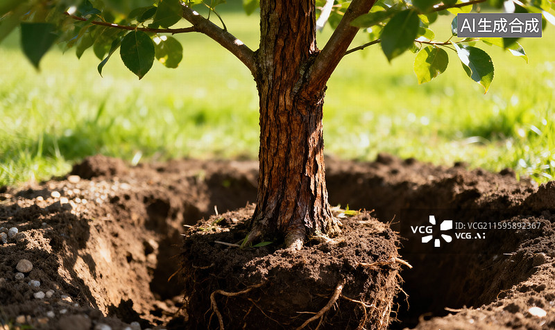 【AI数字艺术】一棵带有裸露根系的小树被放置在一个已挖好的土坑中等待回填，植树种树概念图片素材