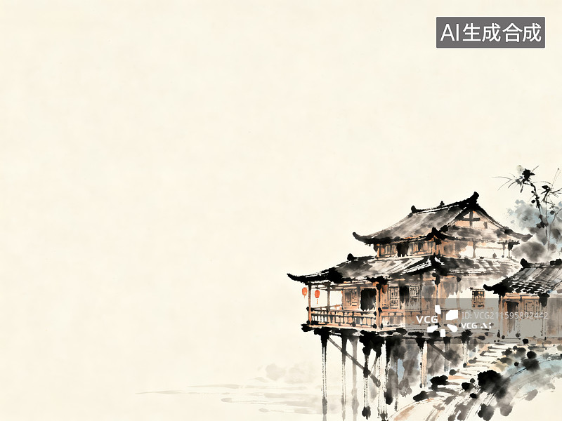【AI数字艺术】水墨风格水边传统建筑图片素材