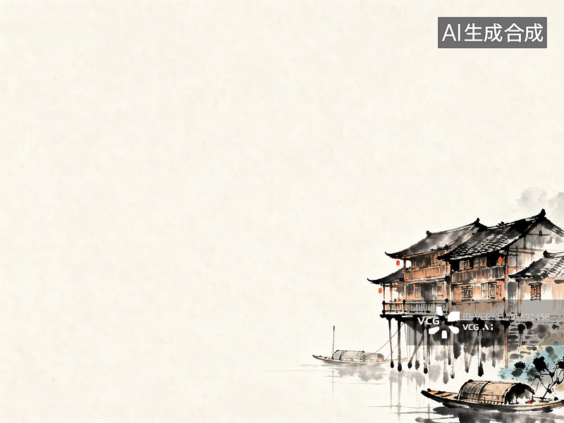 【AI数字艺术】水墨风格水边传统建筑图片素材