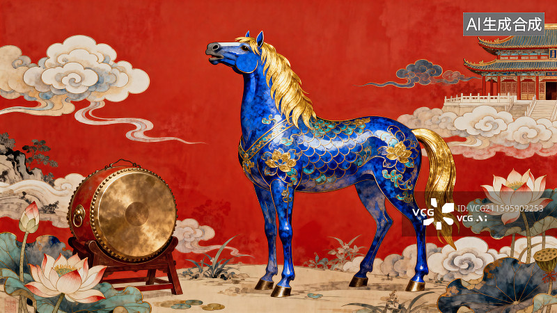 【AI数字艺术】景泰蓝风格马中国风插画图片素材