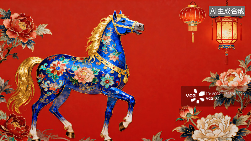【AI数字艺术】景泰蓝风格马中国风插画图片素材
