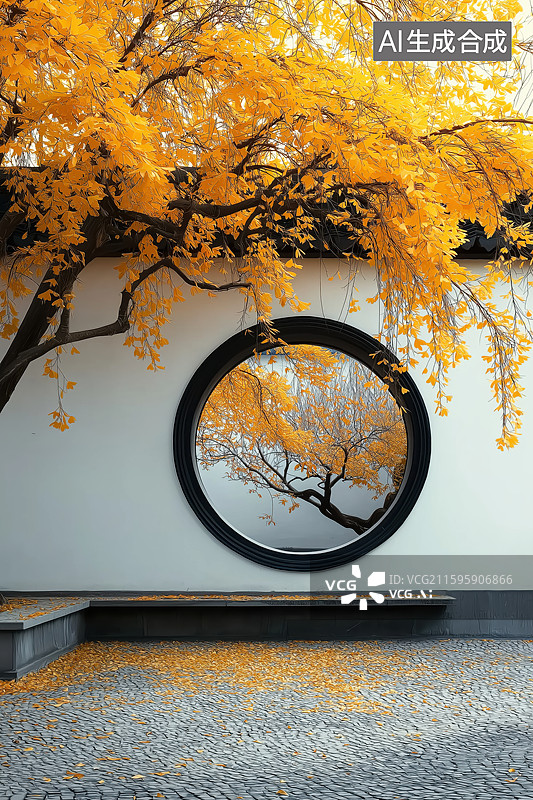 【AI数字艺术】秋日庭院中的圆形镜景图片素材