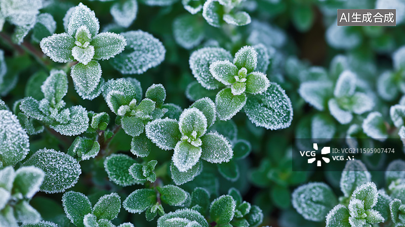 【AI数字艺术】霜覆绿叶植物特写图片素材
