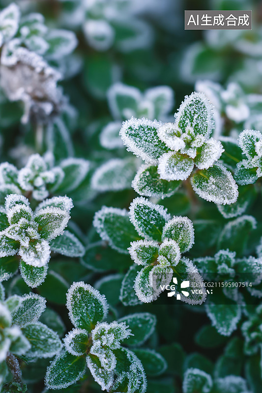 【AI数字艺术】霜覆绿叶植物特写图片素材