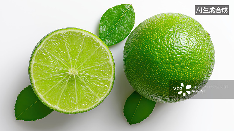 【AI数字艺术】新鲜青柠切片与绿叶图片素材
