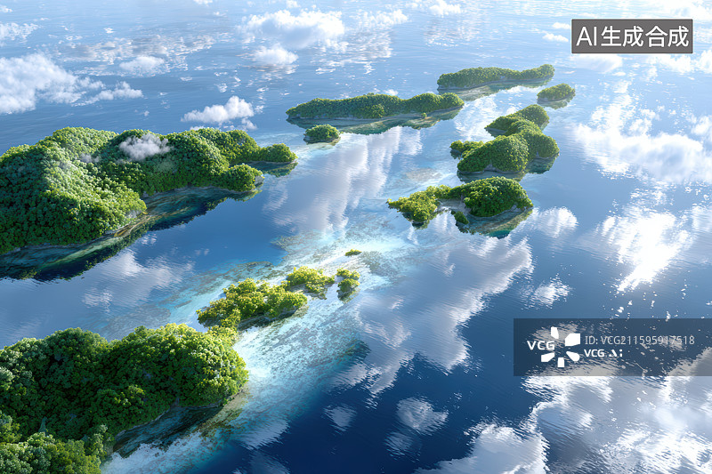 【AI数字艺术】碧海蓝天翠岛航拍自然景观图片素材