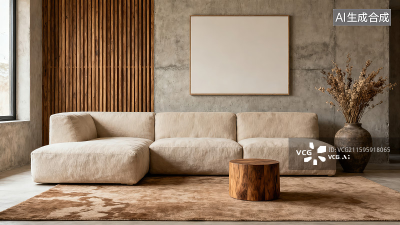 【AI数字艺术】现代室内海绵沙发木头茶几家居简约客厅样板间设计图片素材