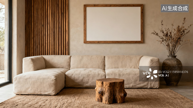 【AI数字艺术】现代室内海绵沙发木头茶几家居简约客厅样板间设计图片素材