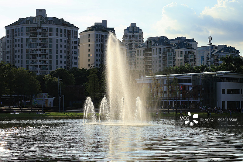 深圳香蜜公园的喷泉，蓝天，高楼大厦，湖景，休闲娱乐图片素材
