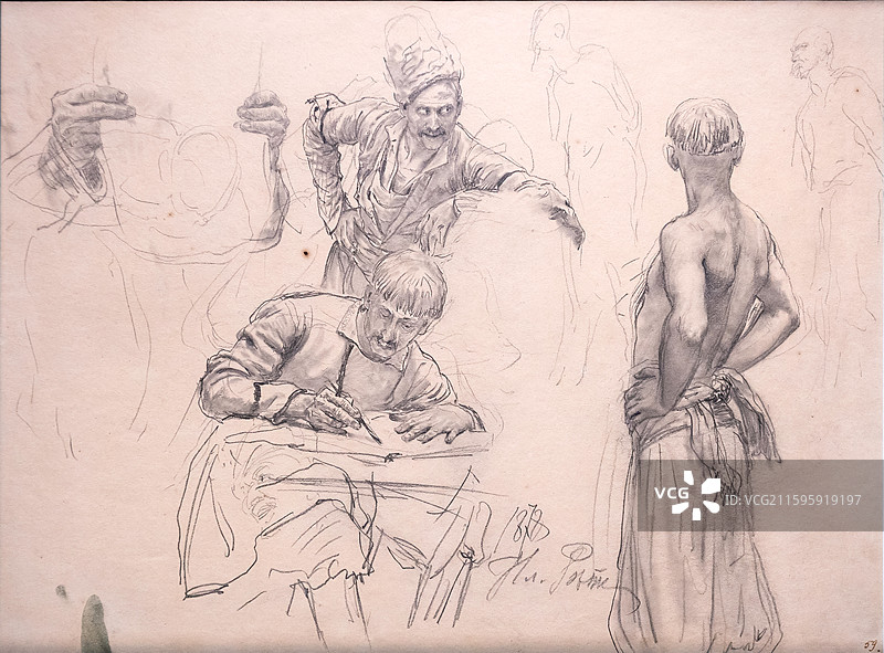 中国国家博物馆戴帽子的扎波罗热哥萨克-抄写员-裸露至腰部的扎波罗热哥萨克-男性侧影-持纸张的手188图片素材