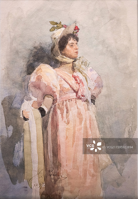 中国国家博物馆穿粉色连衣裙的女子肖像1897年纸本水彩石墨铅笔30X20.5cm特列季亚科夫画廊藏品图片素材