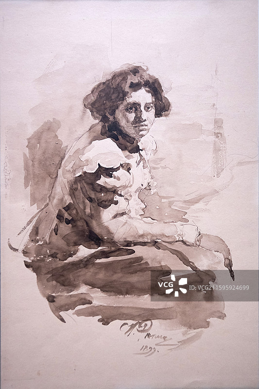 中国国家博物馆娜杰日达-伊里尼奇娜-列宾娜肖像1899年浅棕色纸本乌贼墨与石墨铅笔水彩画36.2X2图片素材