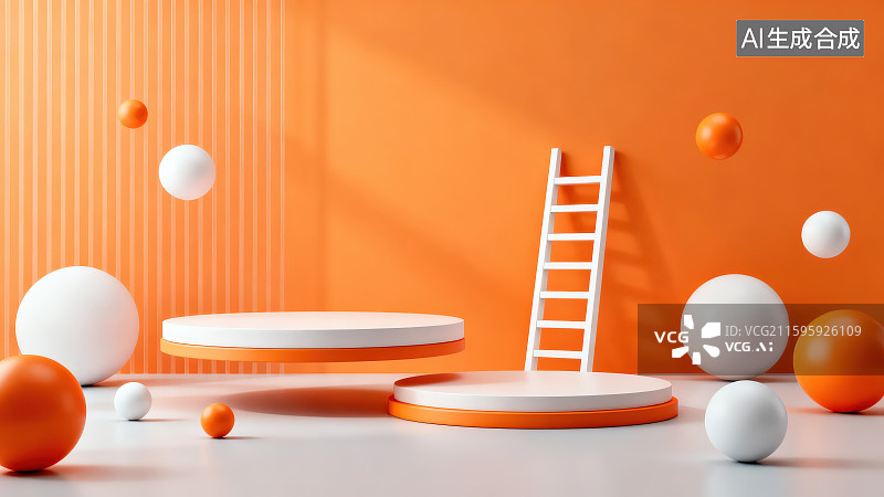 【AI数字艺术】3D渲染圆形底座平台和场面中搭设的梯子与周边散落的橙色白色圆形球体背景图片素材